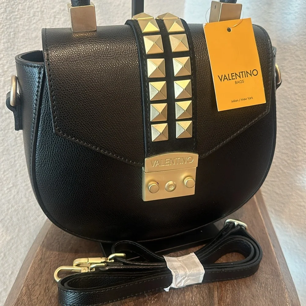 Authentic!Valentino By Mario Valentino Black Arletty Rockstud Leather Saddle New - Picture 3 of 12